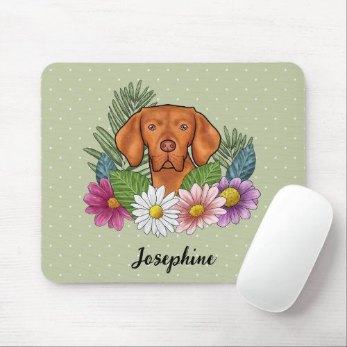 Hungarian Vizsla With Colorful Flowers And Name Mouse Pad