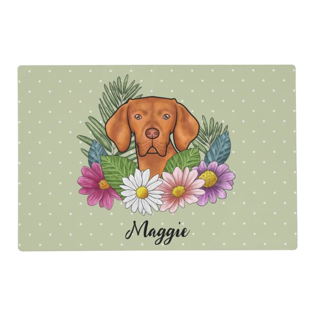 Hungarian Vizsla With Colorful Flowers And Name Placemat (Front)