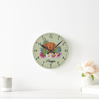 Hungarian Vizsla With Colorful Flowers And Name Round Clock
