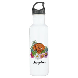 Hungarian Vizsla With Colorful Flowers And Name Stainless Steel Water Bottle