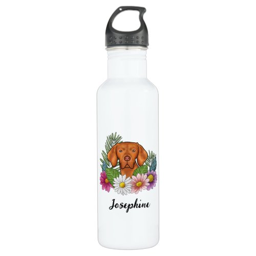 Hungarian Vizsla With Colorful Flowers And Name Stainless Steel Water Bottle