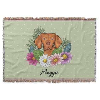 Hungarian Vizsla With Colorful Flowers And Name Throw Blanket