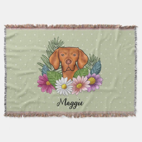 Hungarian Vizsla With Colorful Flowers And Name Throw Blanket