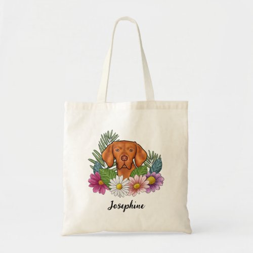 Hungarian Vizsla With Colorful Flowers And Name Tote Bag