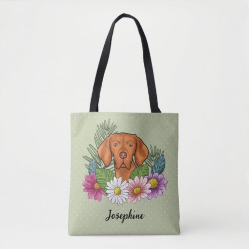 Hungarian Vizsla With Colorful Flowers And Name Tote Bag