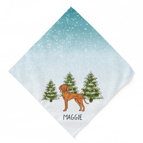 Hungarian Vizsla With Name Snowy Winter Forest Bandana