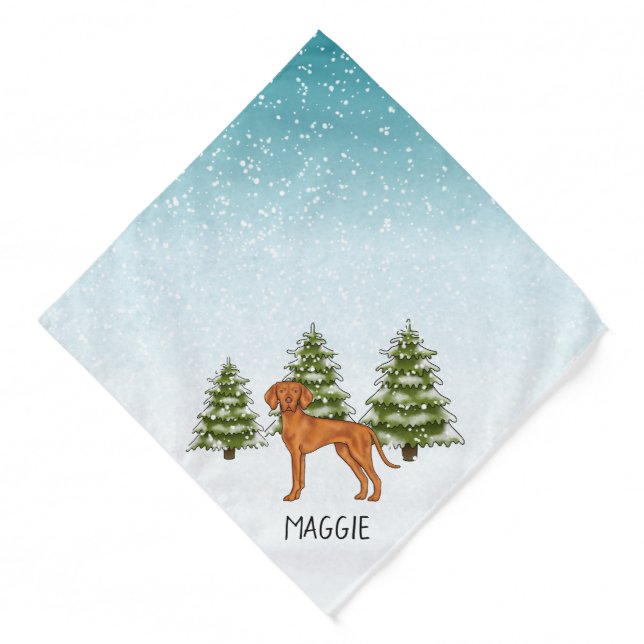 Hungarian Vizsla With Name Snowy Winter Forest Bandana (Front)