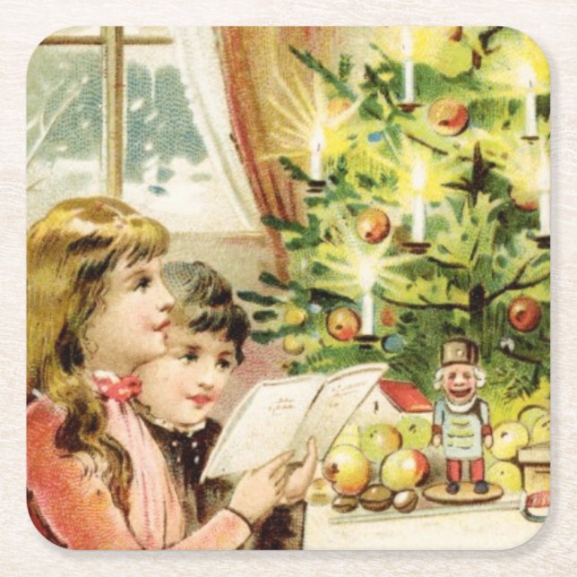 Hungarian Xmas 1902 Holiday Card Square Paper Coaster (Front)