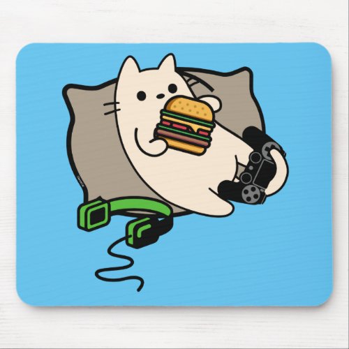 Hungry Cat Eating a Hamburger with Gamepad Mouse Pad