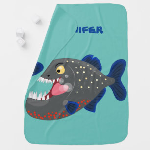 Hungry funny piranha cartoon illustration baby blanket