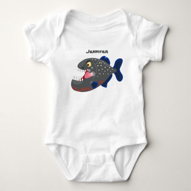Hungry funny piranha cartoon illustration baby bodysuit (Front)