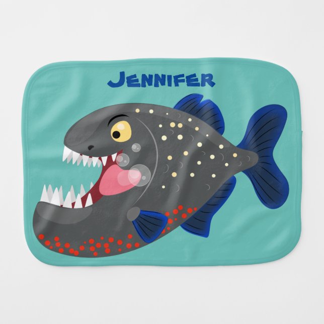Hungry funny piranha cartoon illustration baby burp cloth (Front Horizontal)