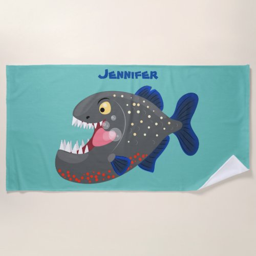 Hungry funny piranha cartoon illustration beach towel