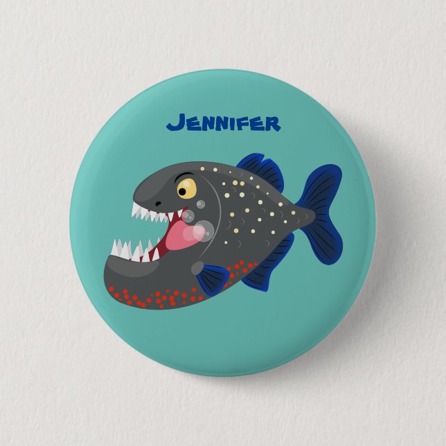 Hungry funny piranha cartoon illustration button (Front)