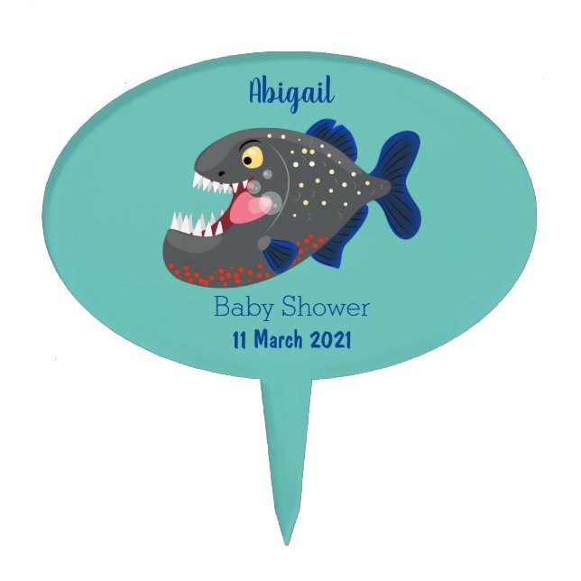 Hungry funny piranha cartoon illustration cake topper (Front)
