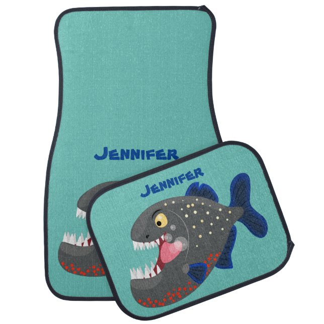 Hungry funny piranha cartoon illustration car floor mat (Set)