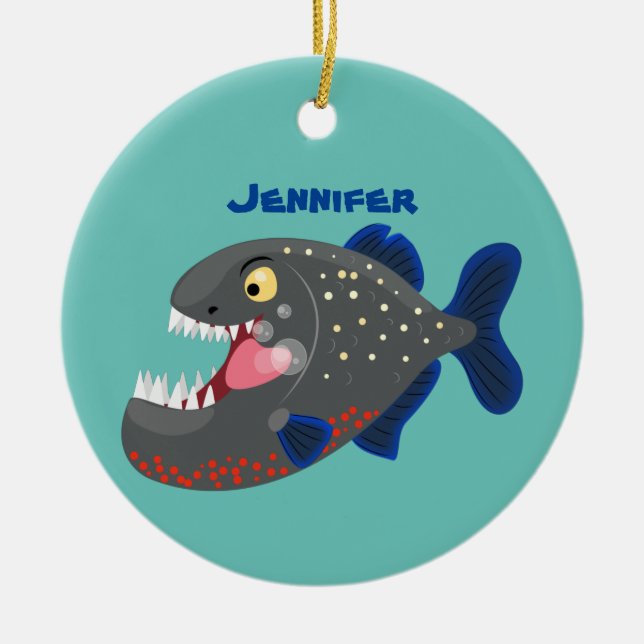 Hungry funny piranha cartoon illustration ceramic ornament (Front)