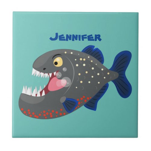 Hungry funny piranha cartoon illustration ceramic tile