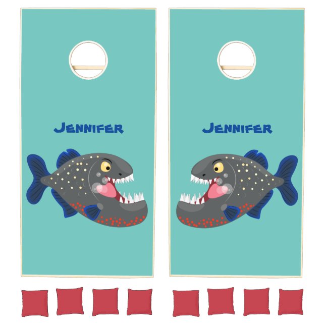 Hungry funny piranha cartoon illustration cornhole set (Set)