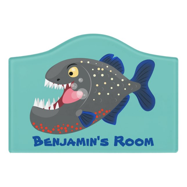 Hungry funny piranha cartoon illustration door sign (Small Crest Front)