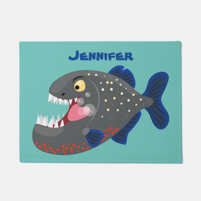 Hungry funny piranha cartoon illustration doormat (Front)