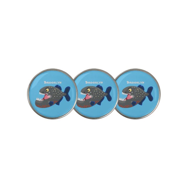 Hungry funny piranha cartoon illustration golf ball marker (3 Up)