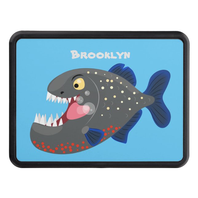 Hungry funny piranha cartoon illustration hitch cover (Front)