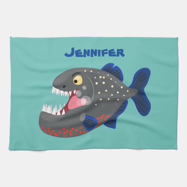 Hungry funny piranha cartoon illustration kitchen towel (Horizontal)