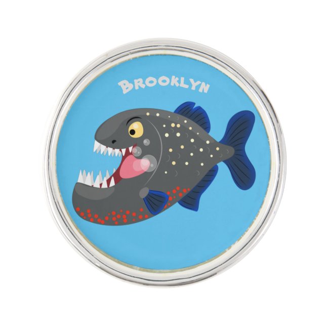 Hungry funny piranha cartoon illustration lapel pin (Front)