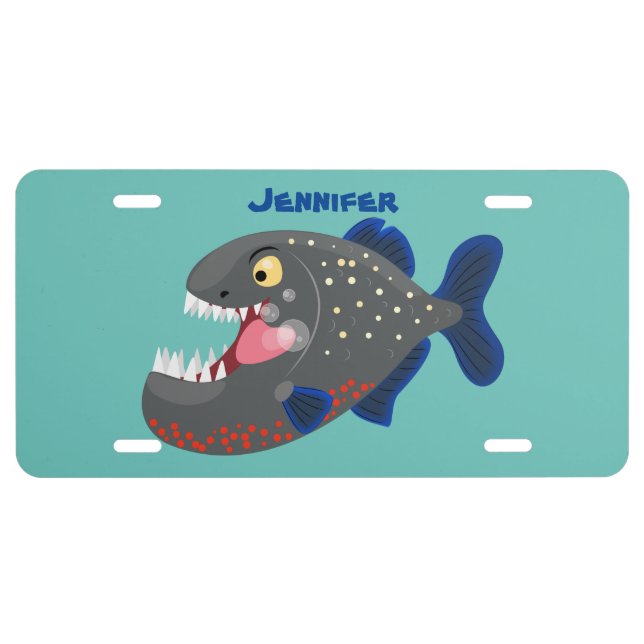 Hungry funny piranha cartoon illustration  license plate (Front)
