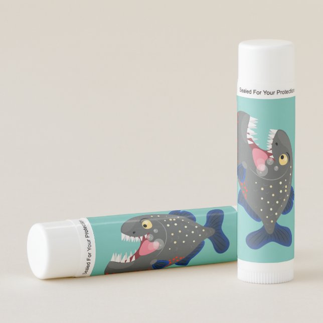 Hungry funny piranha cartoon illustration lip balm (Front)