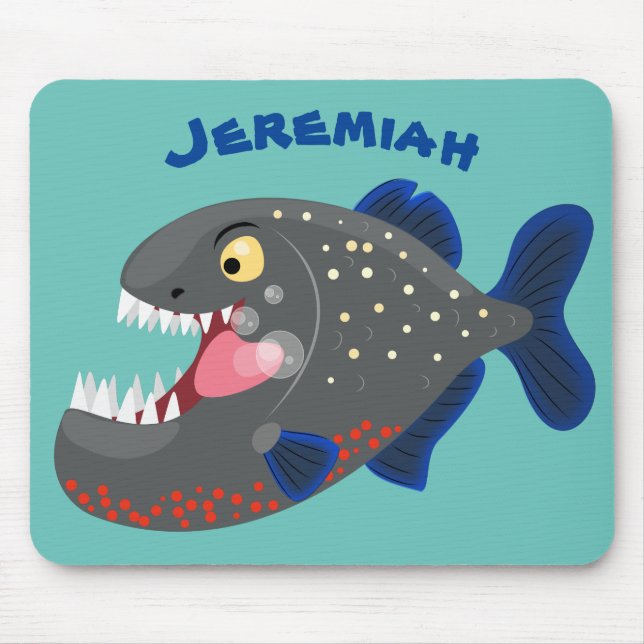Hungry funny piranha cartoon illustration mouse pad (Front)