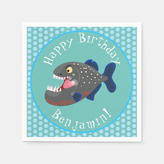 Hungry funny piranha cartoon illustration napkins (Front)