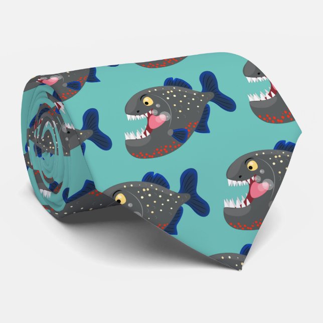 Hungry funny piranha cartoon illustration neck tie (Rolled)