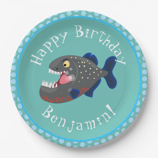 Hungry funny piranha cartoon illustration paper plates (Front)