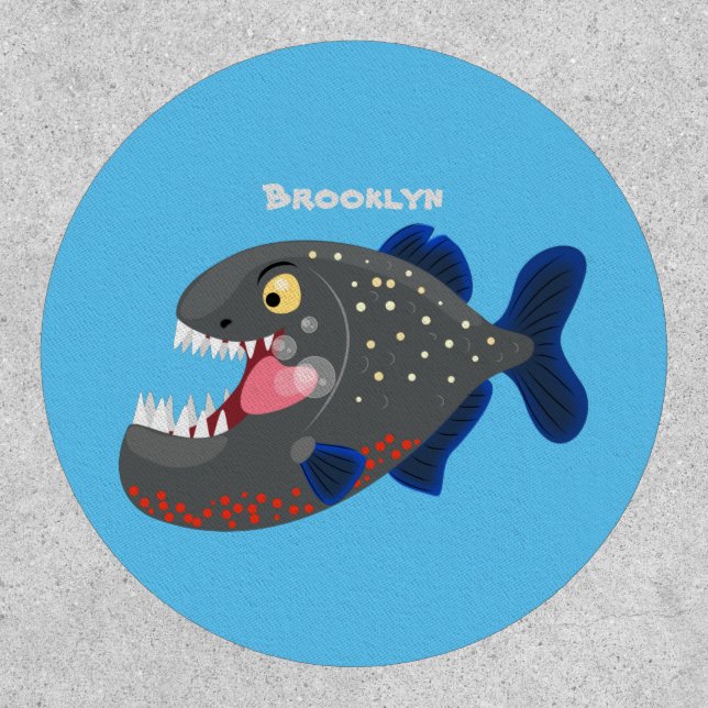 Hungry funny piranha cartoon illustration patch (Front)