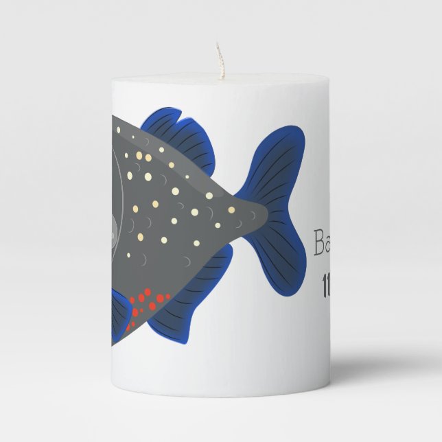 Hungry funny piranha cartoon illustration pillar candle (Front)