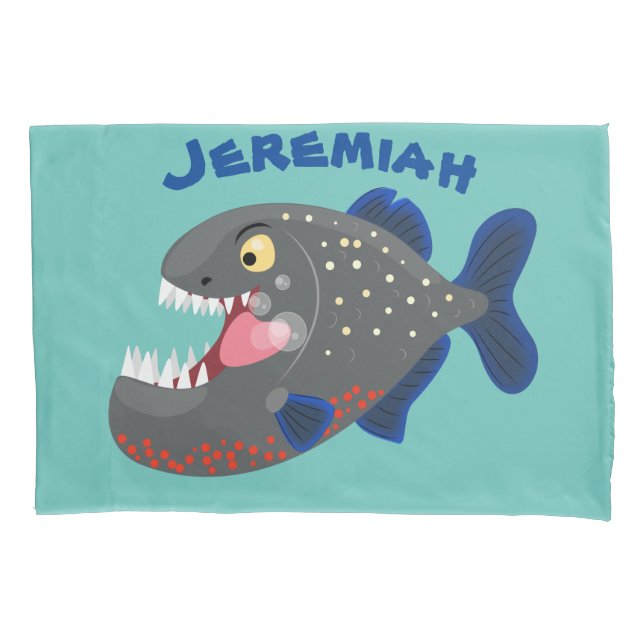 Hungry funny piranha cartoon illustration pillow case (Front)