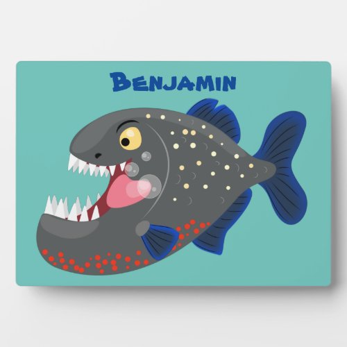 Hungry funny piranha cartoon illustration plaque