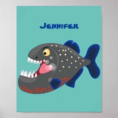 Hungry funny piranha cartoon illustration poster