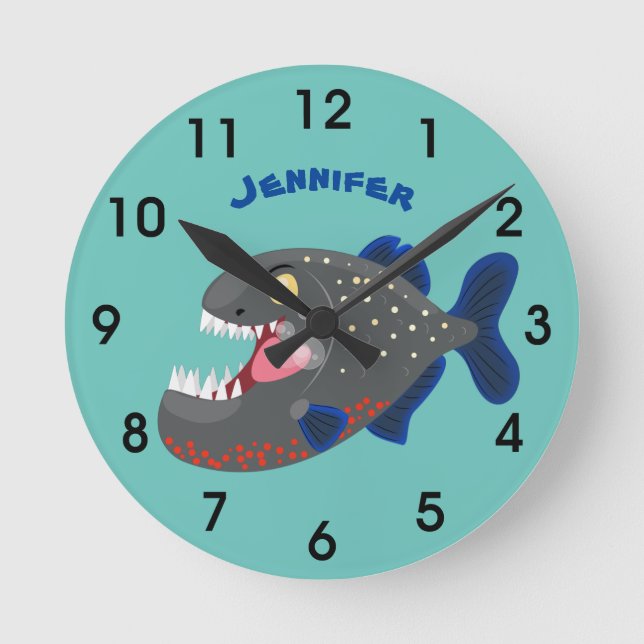 Hungry funny piranha cartoon illustration round clock (Front)