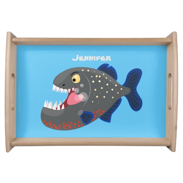 Hungry funny piranha cartoon illustration serving tray (Front)