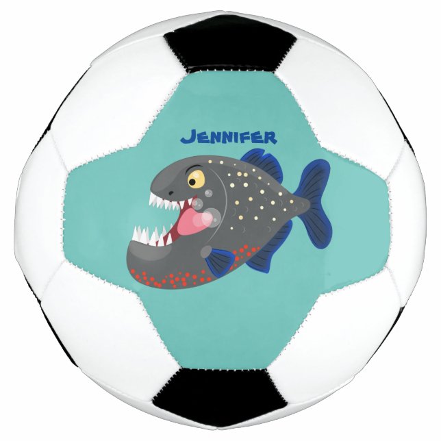Hungry funny piranha cartoon illustration soccer ball (Front)