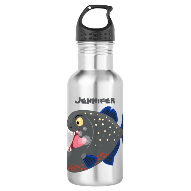 Hungry funny piranha cartoon illustration stainless steel water bottle (Front)