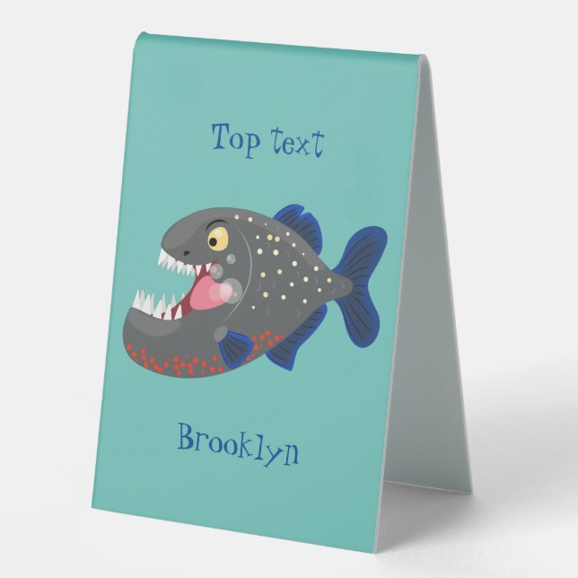 Hungry funny piranha cartoon illustration table tent (Front)