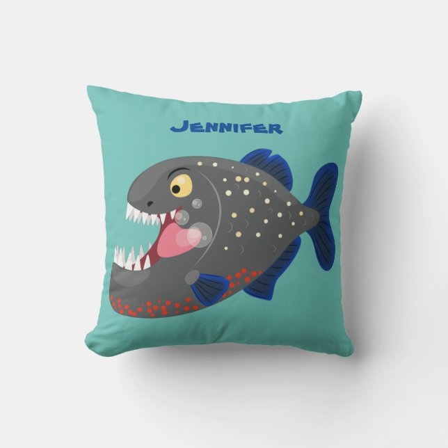 Hungry funny piranha cartoon illustration throw pillow (Front)