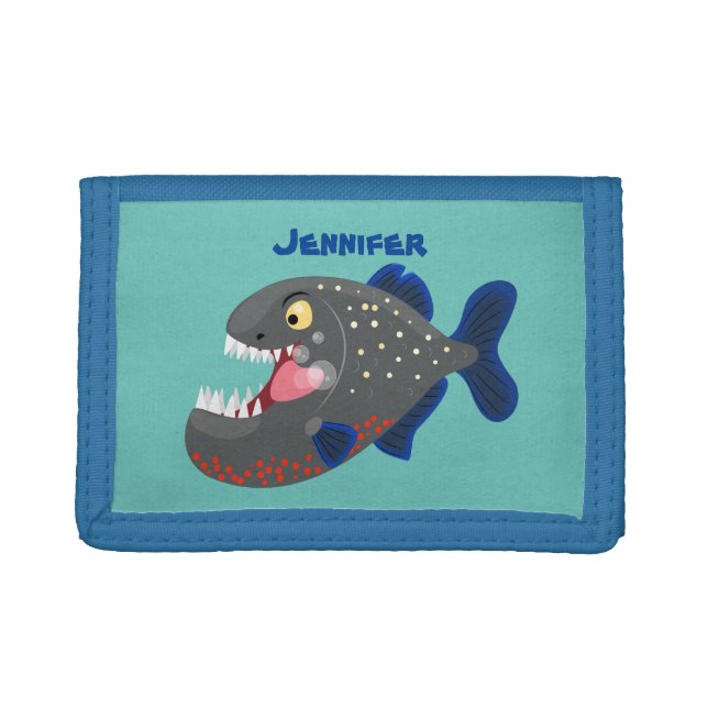 Hungry funny piranha cartoon illustration trifold wallet (Front)