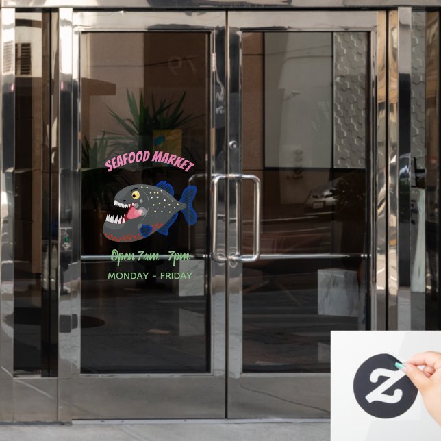 Hungry funny piranha cartoon illustration window cling (Office Door)