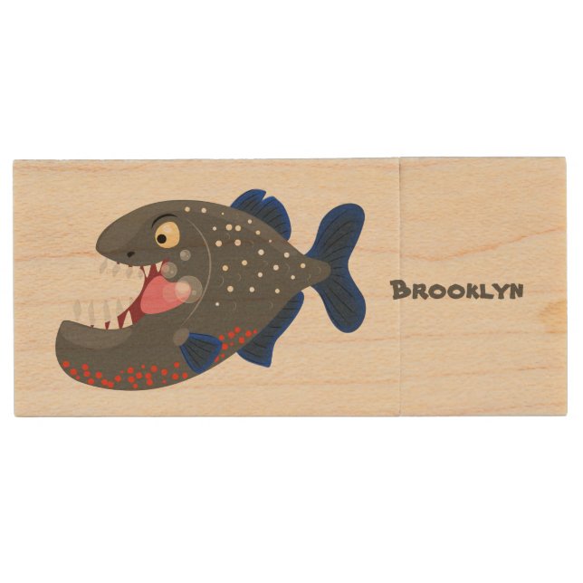 Hungry funny piranha cartoon illustration wood flash drive (Front)