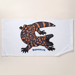 Hungry gila monster lizard cartoon illustration beach towel